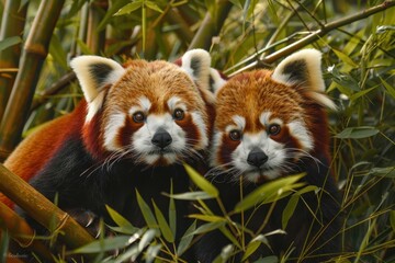 Fototapeta premium red pandas are seen amidst the bamboo, their faces full of curiosity. The green leaves and their fluffy tails create a picture of pure charm and natural beauty.