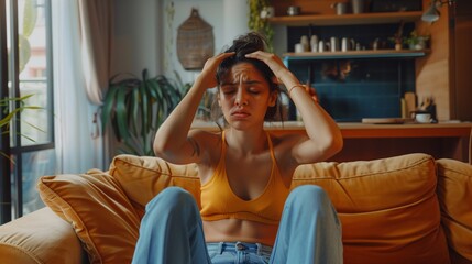 Obraz premium Woman with headache and migraine sitting on couch feeling bad and dizzy. Hands grab your head. Burnout symptoms and facial expressions distorted in pain
