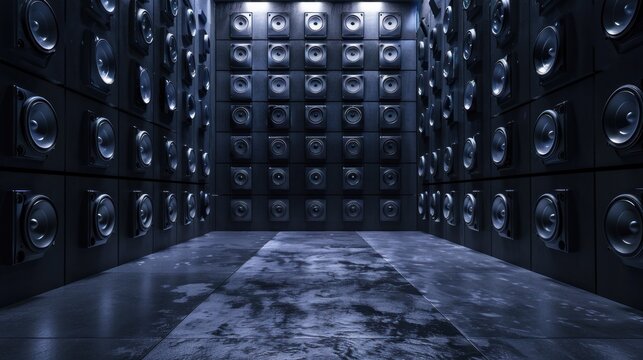 A room with walls full of stacked audio system speakers background wallpaper AI generated image