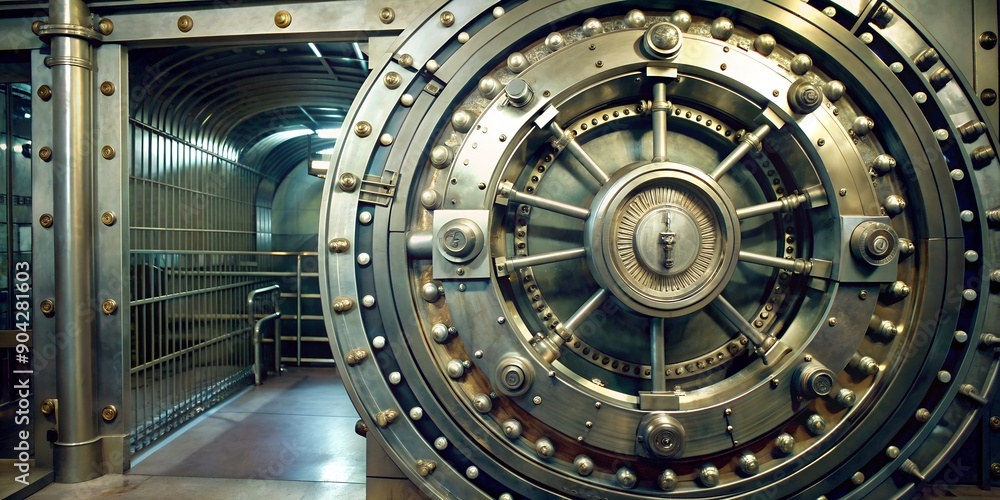 Aufkleber a round vault door in a bank showing its complex design the door is made of heavy metal with complex