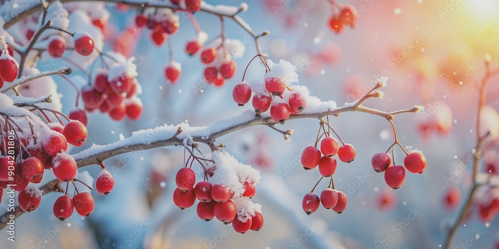 Aufkleber bright red berries clustered on snow-covered branch of winter tree, frosty landscape generative ai, 