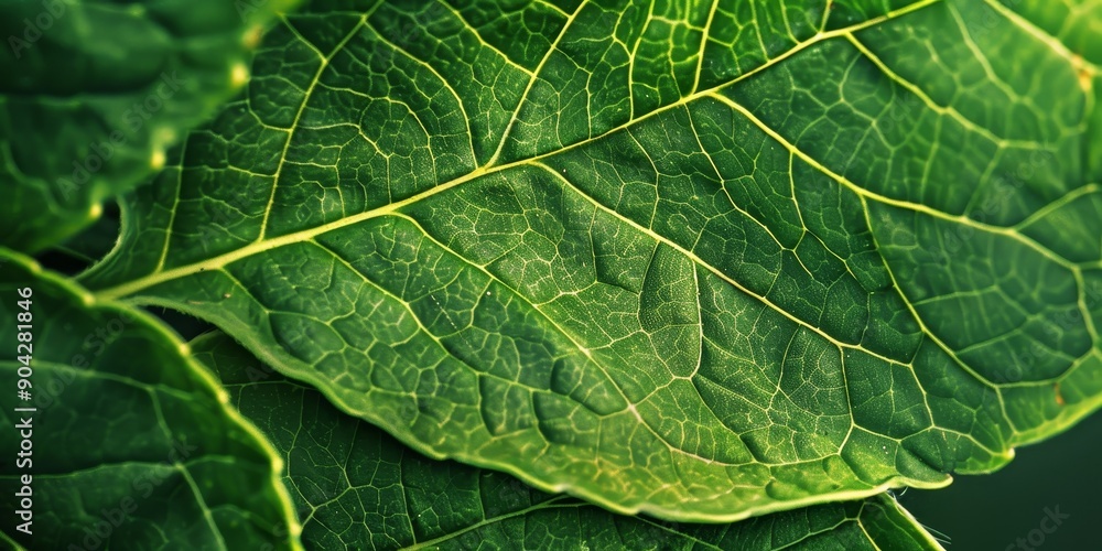 Poster detailed macro shot of green leaf texture, showcasing veins and natural patterns, perfect for botani