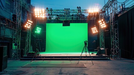 Stage rigging large outdoor concert with beam lights, sound system and green screen mockup material background wallpaper AI generated image