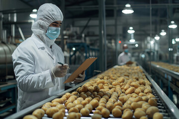 worker in a food processing facility wearing protective gear, including a mask, hairnet, and gloves. The worker is inspecting a conveyor belt filled with rows of potatoes, possibly a quality control