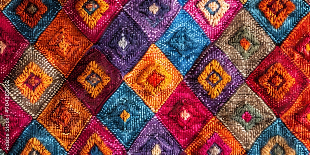 Poster woven fabric texture with geometric patterns and vibrant colors, ideal for textile and fashion desig