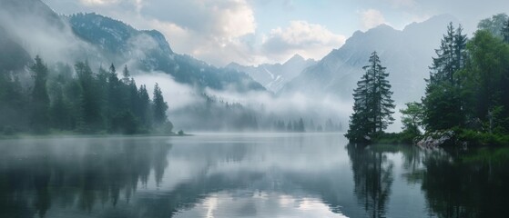 Misty and foggy early morning sunrise over the rocky mountains, reflection in lake water. Beautiful nature scenery landscape