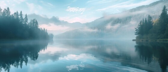 Fototapeta premium Misty and foggy early morning sunrise over the rocky mountains, reflection in lake water. Beautiful nature scenery landscape