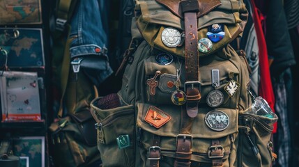 A vintage backpack covered in colorful pins and patches is displayed on a rack, showcasing unique designs and travel memorabilia in a bustling marketplace