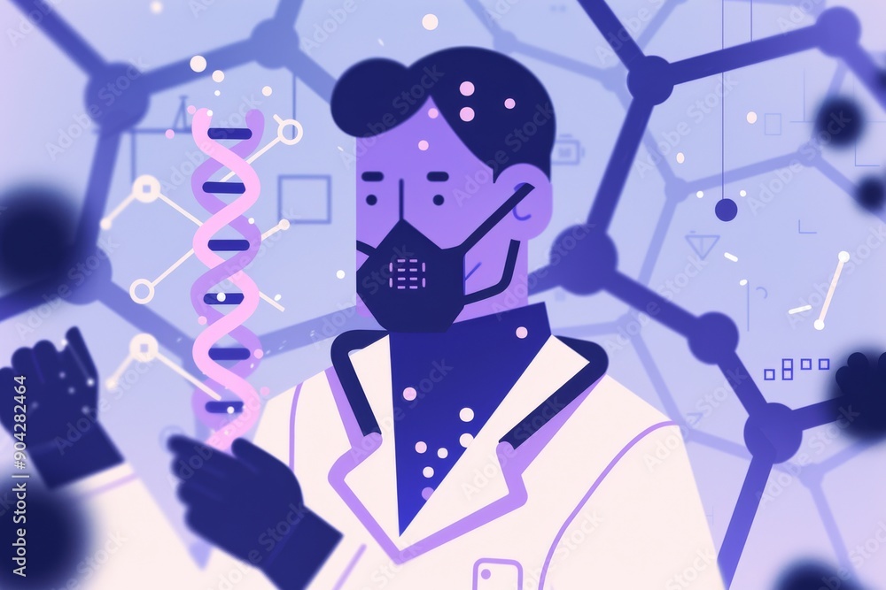Poster a vibrant illustration of a scientist with dna and tech elements representing the intersection of bi