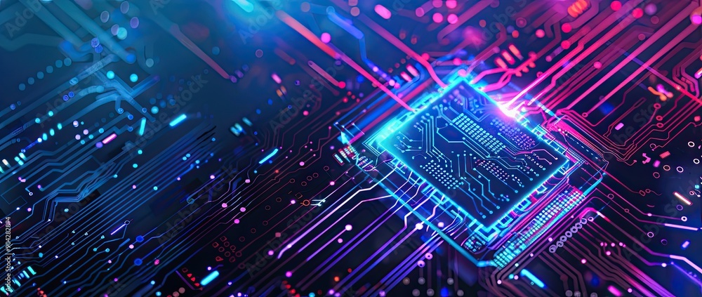 Aufkleber a chip with circuit lines glowing in blue and purple, floating on a dark background in a futuristic 