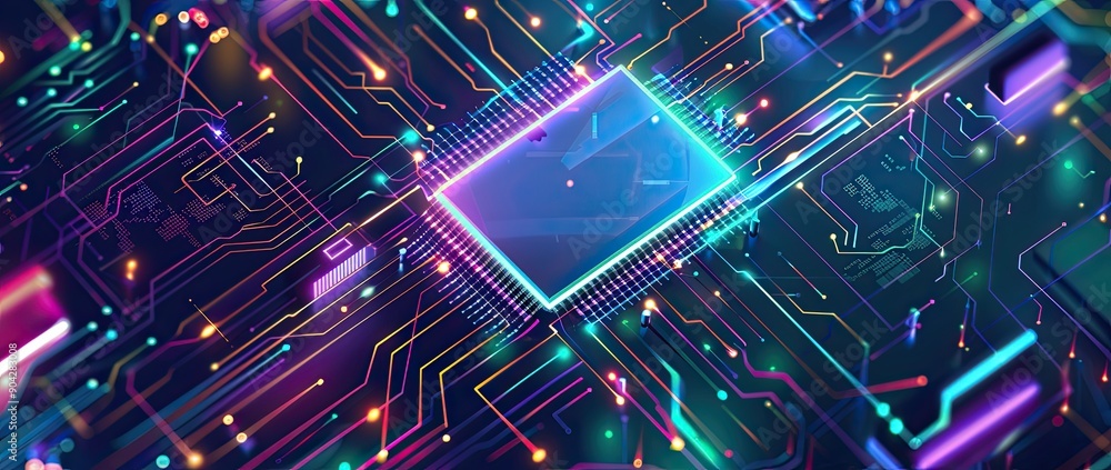 Aufkleber digital chip with glowing circuit lines on dark background, ai technology concept banner design gene