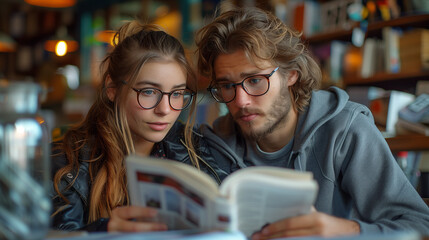 Lovely Couple of University Students Reading a Book and Doing Research in Campus Public Library, Academic Study, Education, Knowledge, Learning, College Life, Romantic Moment, Youth and Study