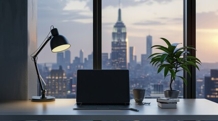 Fototapeta premium Modern workspace with laptop, lamp, and plant on a desk facing a cityscape window, perfect for business and productivity