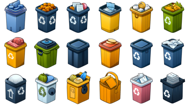 Collection of vibrant cartoon-style waste bins with categorized recycling, various kinds of refuse in garbage receptacles