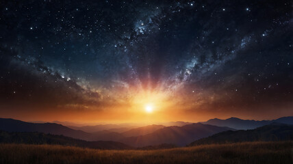 A backdrop featuring a radiant sunrise emerging from a dark, starry night, symbolizing the transition from darkness to light.