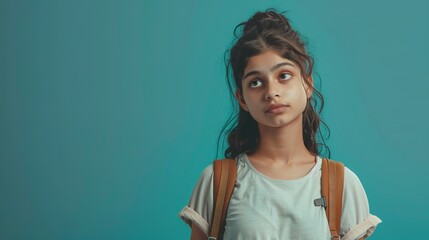 an approachable and kind young Indian student girl, dressed casually, against a teal background that signifies trustworthiness and serenity.