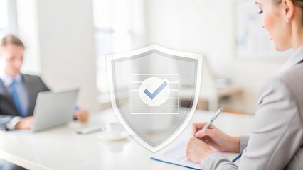 Insurance Claims and Support – Visual of a person filling out an insurance claim form with a supportive shield icon and office background.
