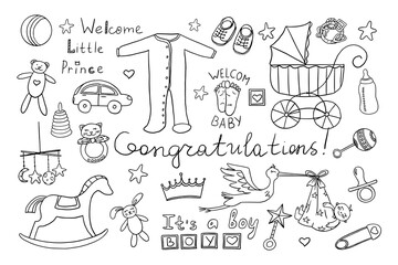Set of cute baby shower elements in doodle style. Baby shower boy. Hand drawn. Great for card, invitation card, decoration party, design, print or advertising.