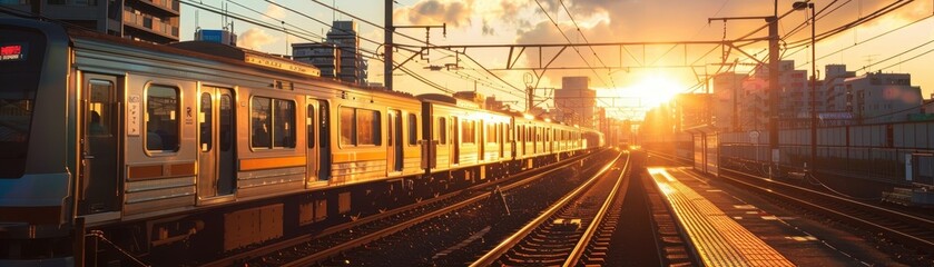 Fototapeta premium A train is on the tracks with the sun setting in the background. The train is yellow and is on the left side of the image