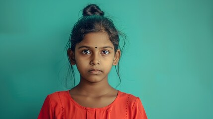 Fototapeta premium an approachable and kind young Indian student girl, dressed casually, against a teal background that signifies trustworthiness and serenity.