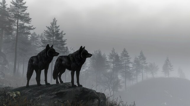 Two Black Wolves in Foggy Forest.