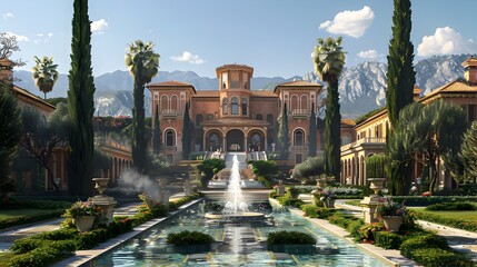 Hyper-realistic mansion with grand entrance and water fountain