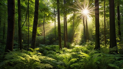 Obraz premium A background with a lush, green forest and soft sunlight filtering through, representing nature and calm.