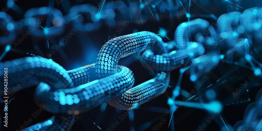 Poster integration of blockchain technology into financial transactions, illustrating secure financial tech