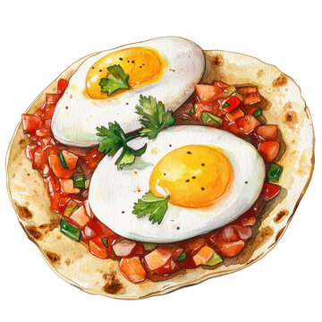 recommend clip art: Huevos Rancheros Eggs served on tortillas with salsa clip art watercolor illustration isolated on the white background