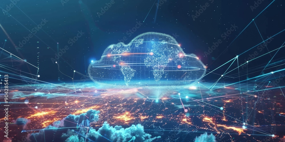 Poster seamless integration of cloud computing services into a global business network, illustrating cloud 