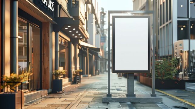 White blank billboard on city street sidewalk for promotion and advertisement mockup material background wallpaper AI generated image