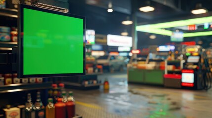Gas station concept with blank green screen billboard displayed mockup material background wallpaper AI generated image