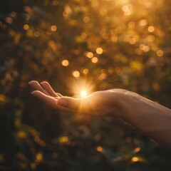 Open hand reaching towards the golden sunlight, symbolizing hope, spirituality, and connection with nature in a warm, glowing