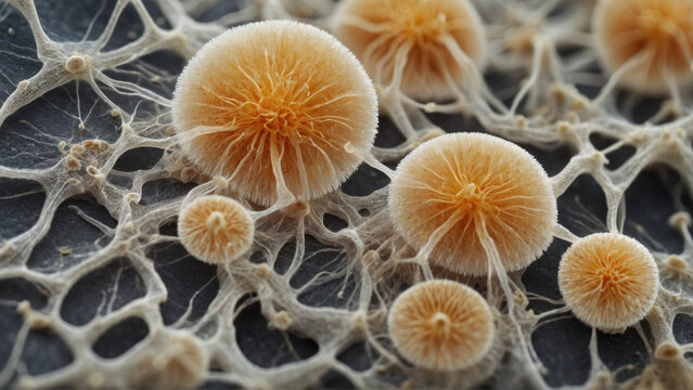 mushroom mycelium under the microscope , mushroom spores mold fungi in the laboratory 
