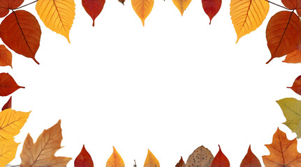 Autumn coloured leaves frame isolated on transparent background, seasonal decorations, fall