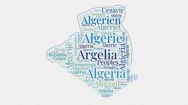 Algeria logo animation. Algeria boundary word cloud animation. Video of country names in multiple languages popping out on paper style background. Country opening, intro, presentation video.
