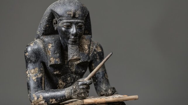 An ancient Egyptian scribe statue meticulously holds a stylus, embodying the significance of writing in historical record keeping