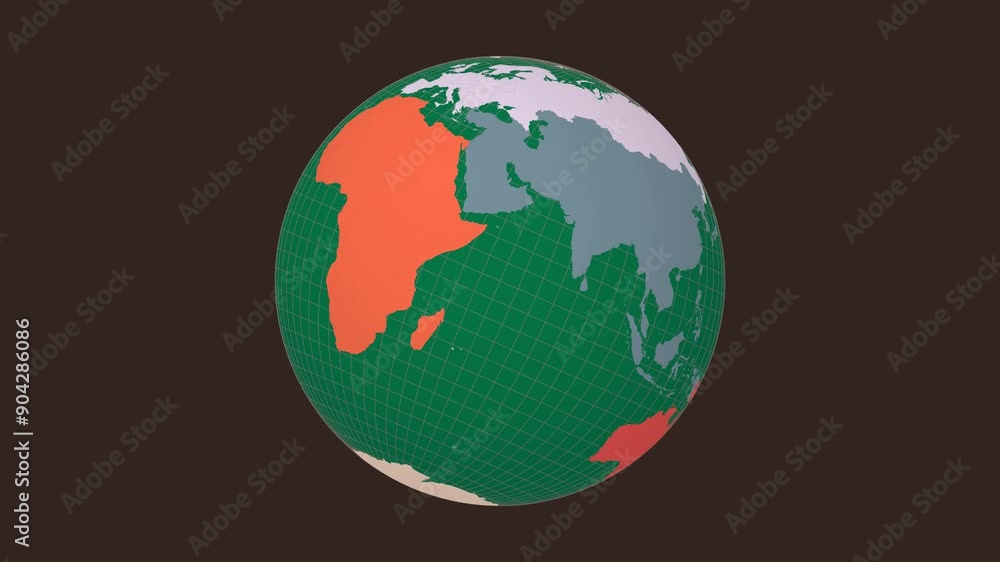 Poster rotating planet. tilted sphere view. moderate speed globe rotation. colored continents style.