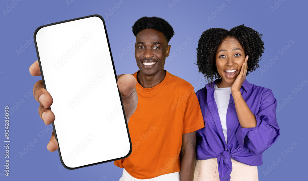 Aufkleber african american man and woman are standing side by side in front of a blue background. the man is h