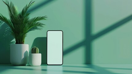 Mobile phone blank white screen design with green background copy space mockup material background wallpaper AI generated image