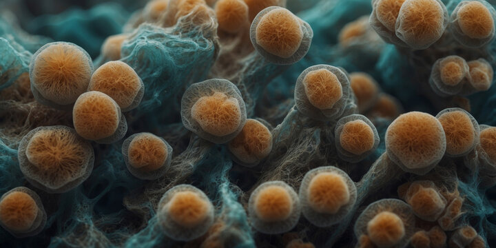 mushroom mycelium under the microscope , mushroom spores mold fungi in the laboratory 