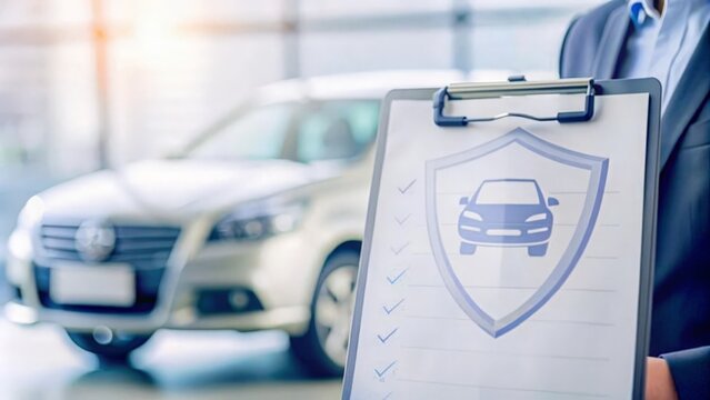 Auto Insurance Claims Process – Illustration of a car with a shield and background of a claims form, depicting the auto insurance claims process.
