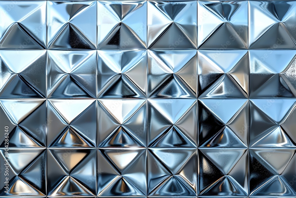Poster a textured metallic surface featuring a pattern of shiny pyramids, ideal for backgrounds or design e