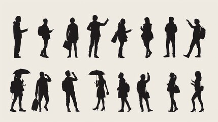Obraz premium Design black silhouette illustrations of individuals in various activities such as thinking, making phone calls, pointing, holding umbrellas, and celebrating, set against a bright white background 