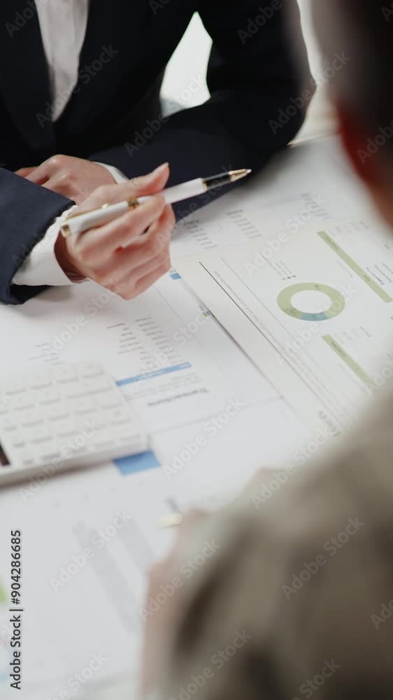 Poster vertical footage of close up of hands teamwork business group are meeting working calculate and brai
