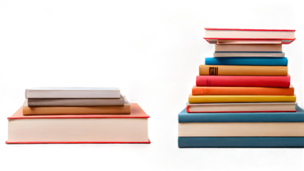 A front-facing 3D vector depiction of a stack of books with a red and blue color palette, set against a white backdrop.
