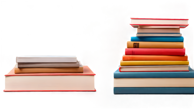 A front-facing 3D vector depiction of a stack of books with a red and blue color palette, set against a white backdrop.
