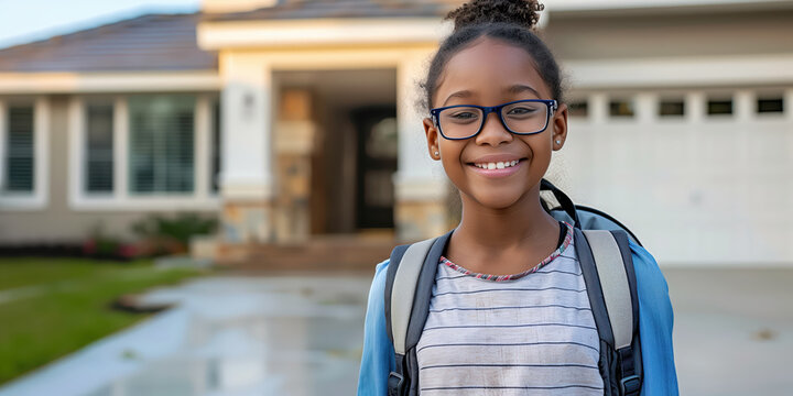 Happy Smiling African American Girl with Glasses and Backpack Standing in Front of House