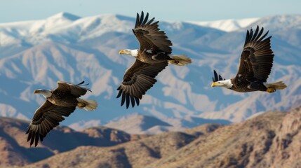 Naklejka premium Three Bald Eagles Soaring Over Mountain Range.