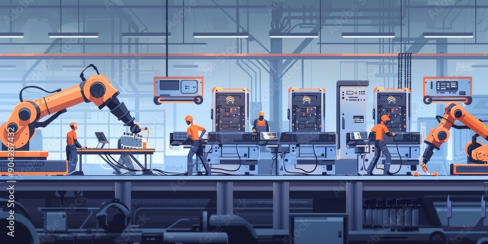 Aufkleber Technologists programming industrial robots on a factory floor, with robotic arms assembling products, highlighting industrial technology development
